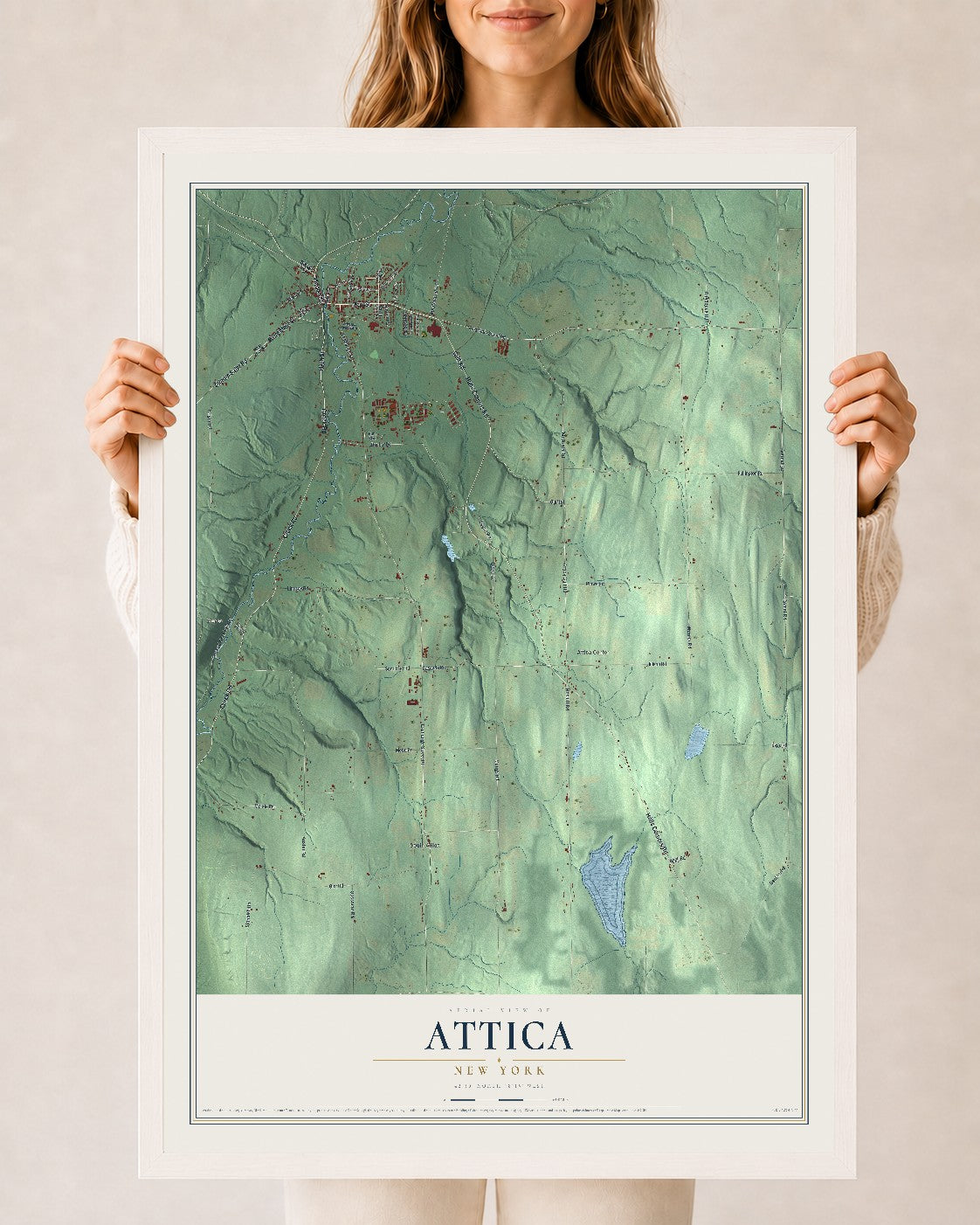 Attica, New York map print, 24" x 36" W/ White Ayous Wood Frame mockup