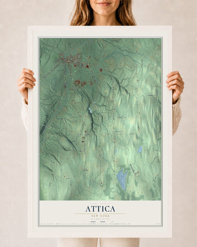Attica, New York map print, 24" x 36" W/ White Ayous Wood Frame mockup