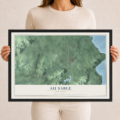 Au Sable, New York map print, 12" x 18" W/ Black Ayous Wood Frame mockup