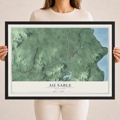 Au Sable, New York map print, 18" x 24" W/ Black Ayous Wood Frame mockup