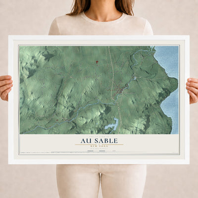 Au Sable, New York map print, 18" x 24" W/ White Ayous Wood Frame mockup
