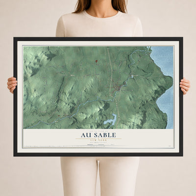 Au Sable, New York map print, 24" x 36" W/ Black Ayous Wood Frame mockup