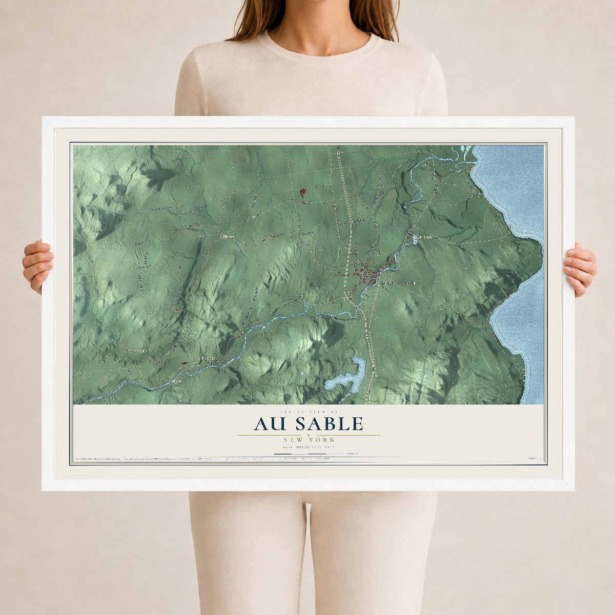Au Sable, New York map print, 24" x 36" W/ White Ayous Wood Frame mockup