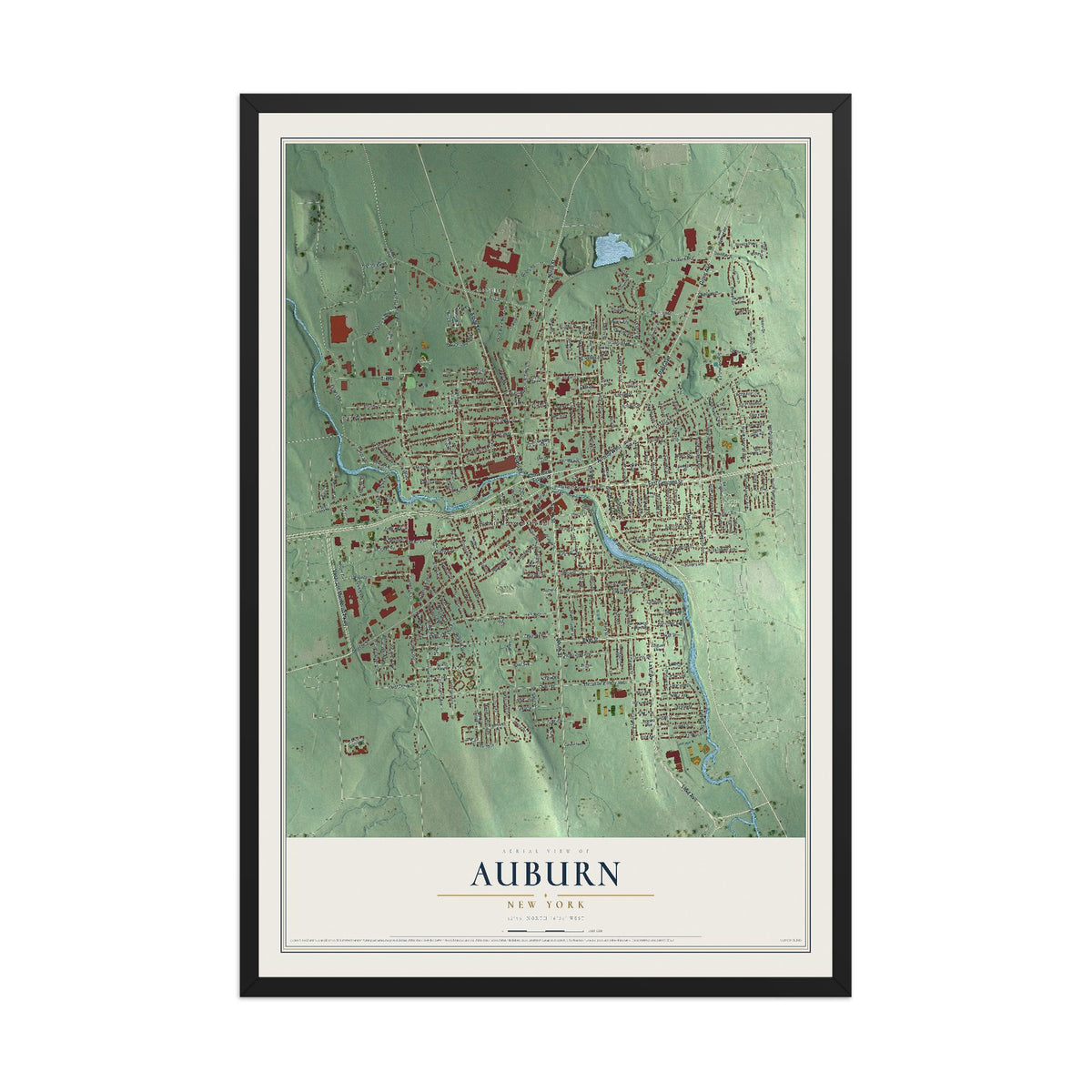 Auburn, New York map print, 12" x 18" W/ Black Ayous Wood Frame mockup