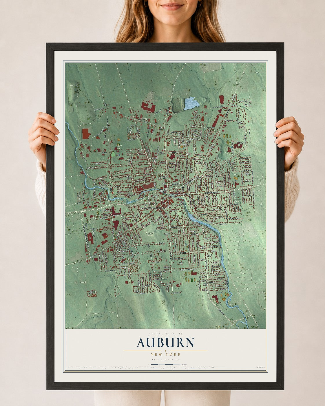 Auburn, New York map print, 24" x 36" W/ Black Ayous Wood Frame mockup