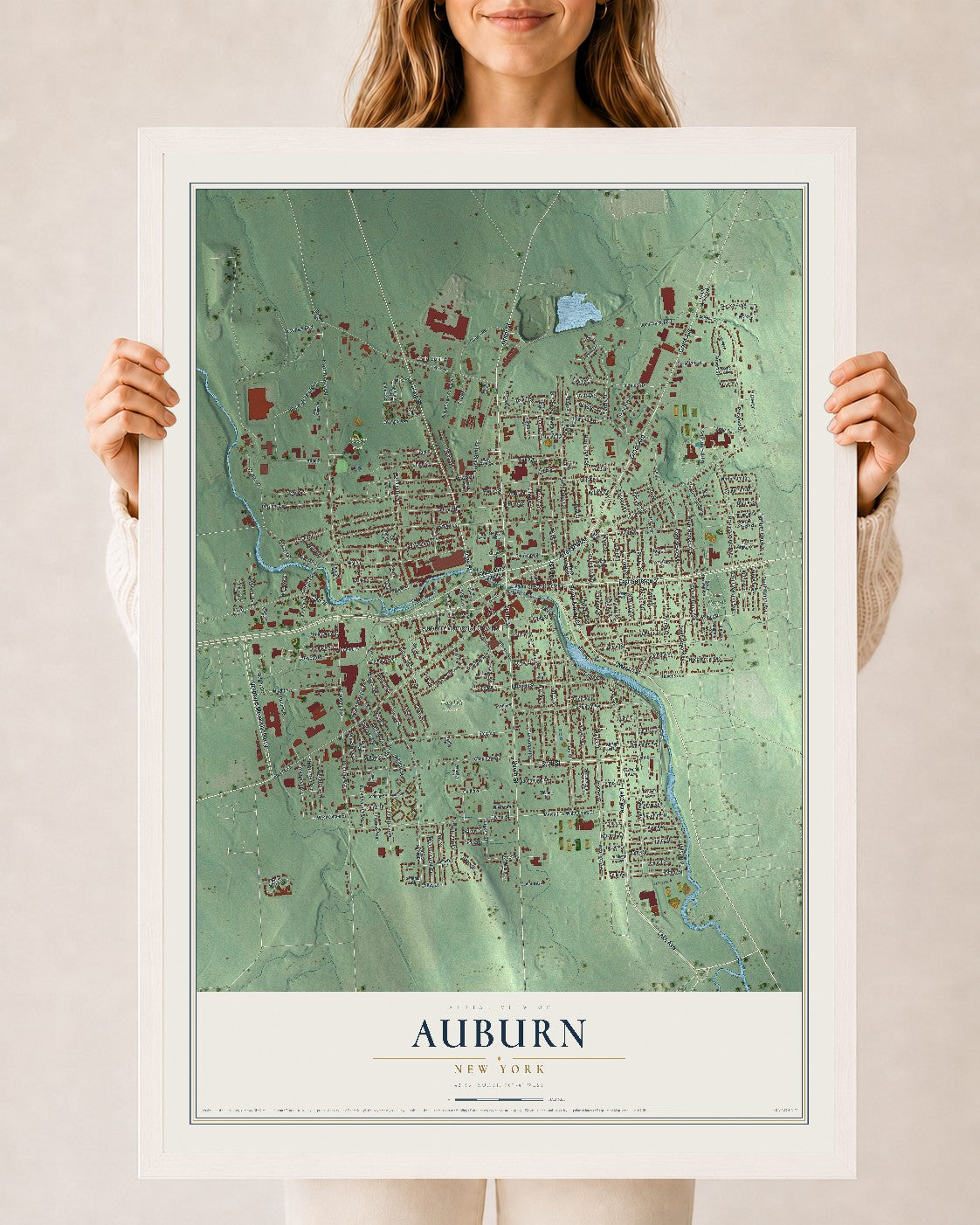 Auburn, New York map print, 24" x 36" W/ White Ayous Wood Frame mockup