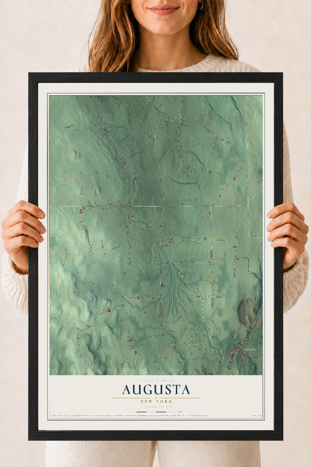 Augusta, New York map print, 18" x 24" W/ Black Ayous Wood Frame mockup