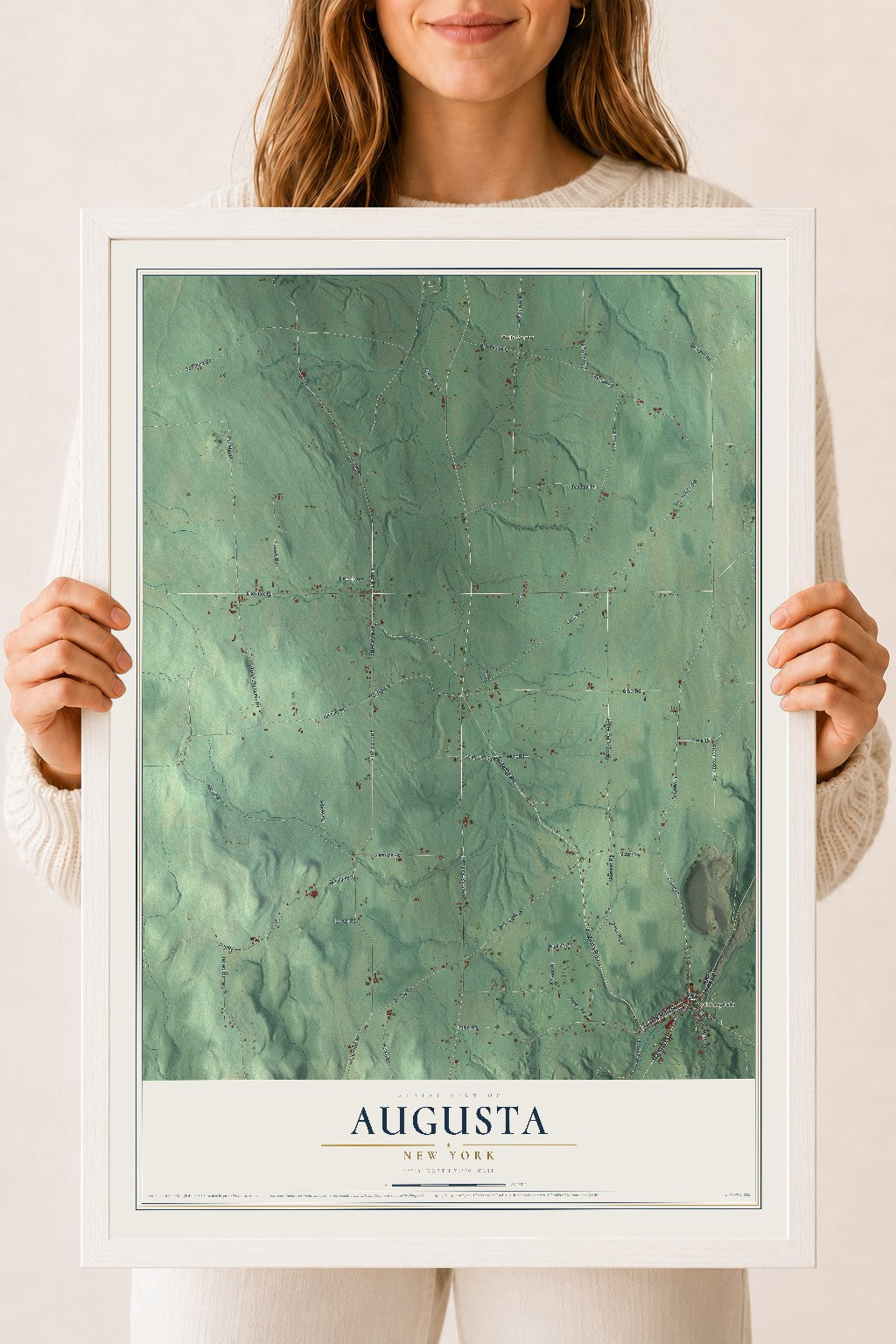 Augusta, New York map print, 18" x 24" W/ White Ayous Wood Frame mockup