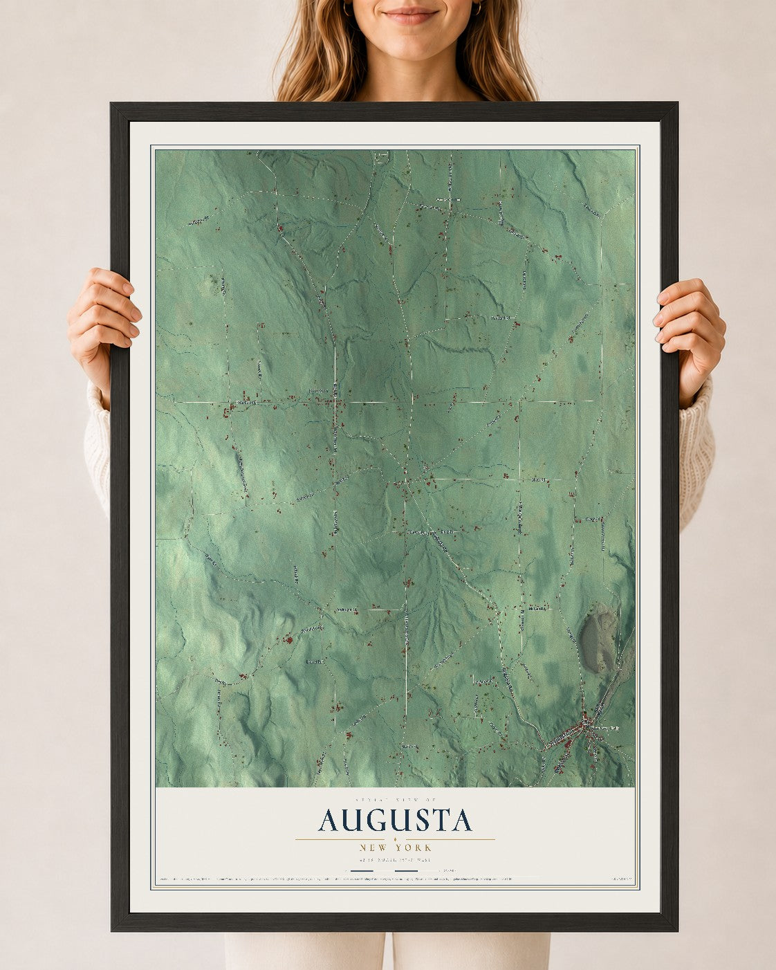 Augusta, New York map print, 24" x 36" W/ Black Ayous Wood Frame mockup