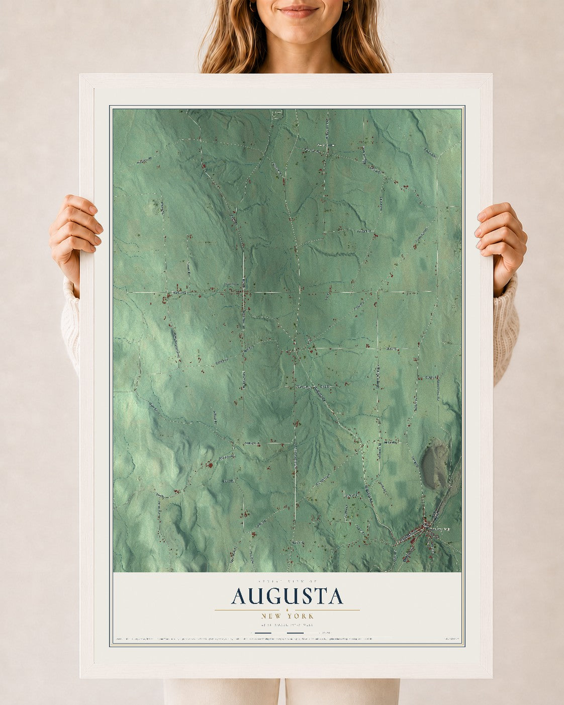 Augusta, New York map print, 24" x 36" W/ White Ayous Wood Frame mockup