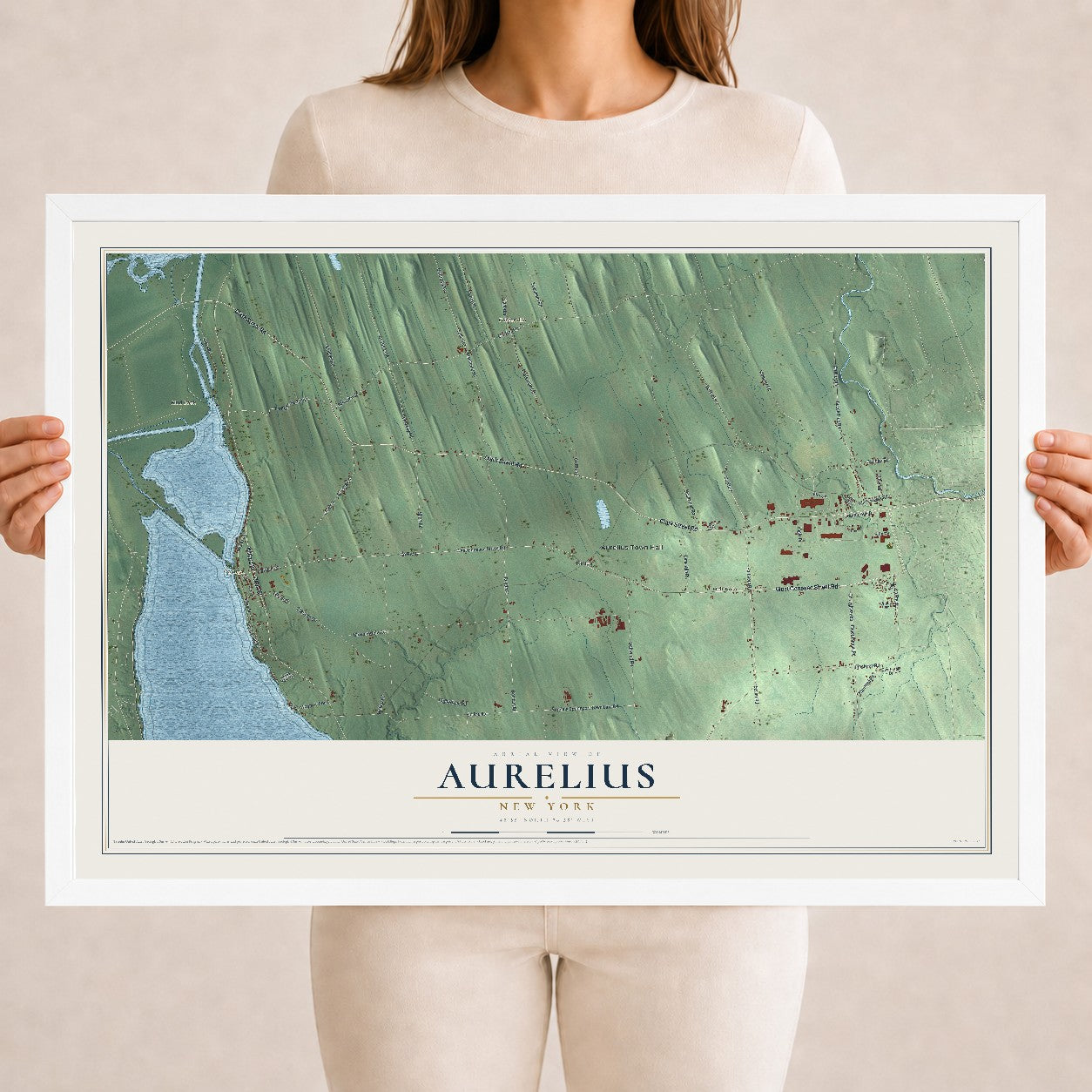 Aurelius, New York map print, 18" x 24" W/ White Ayous Wood Frame mockup