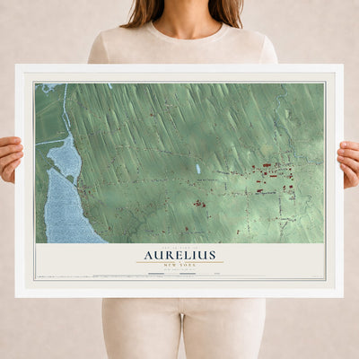 Aurelius, New York map print, 18" x 24" W/ White Ayous Wood Frame mockup