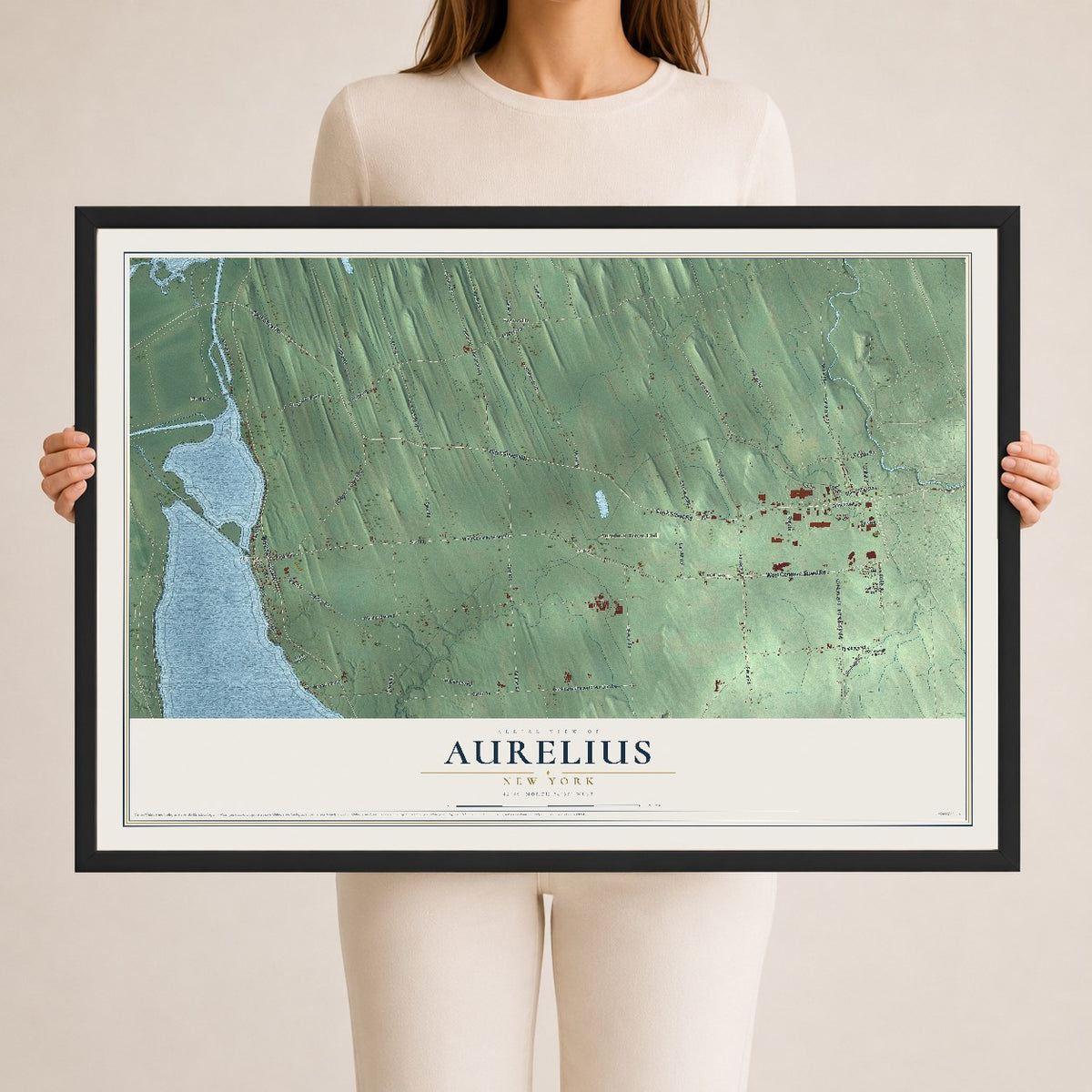 Aurelius, New York map print, 24" x 36" W/ Black Ayous Wood Frame mockup