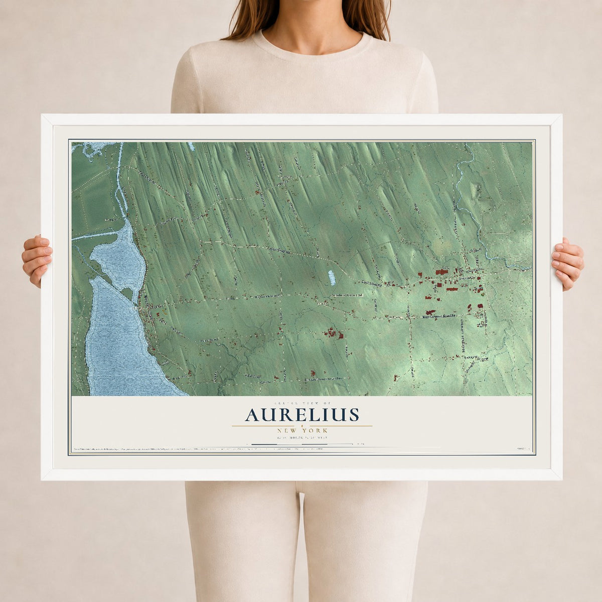 Aurelius, New York map print, 24" x 36" W/ White Ayous Wood Frame mockup