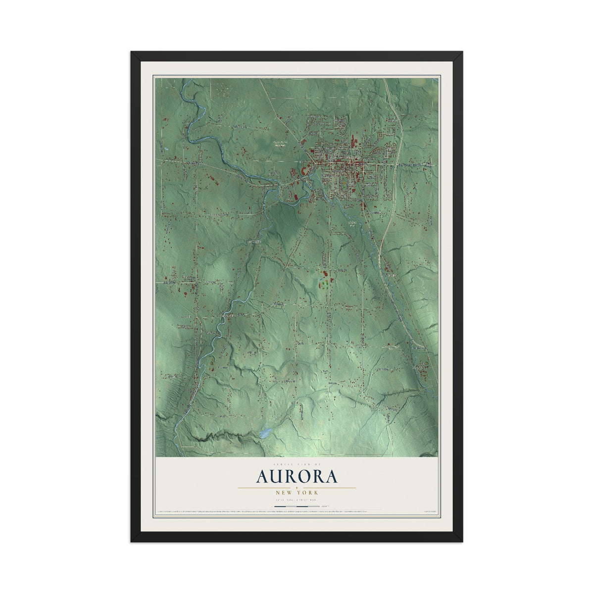 Aurora, New York map print, 12" x 18" W/ Black Ayous Wood Frame mockup