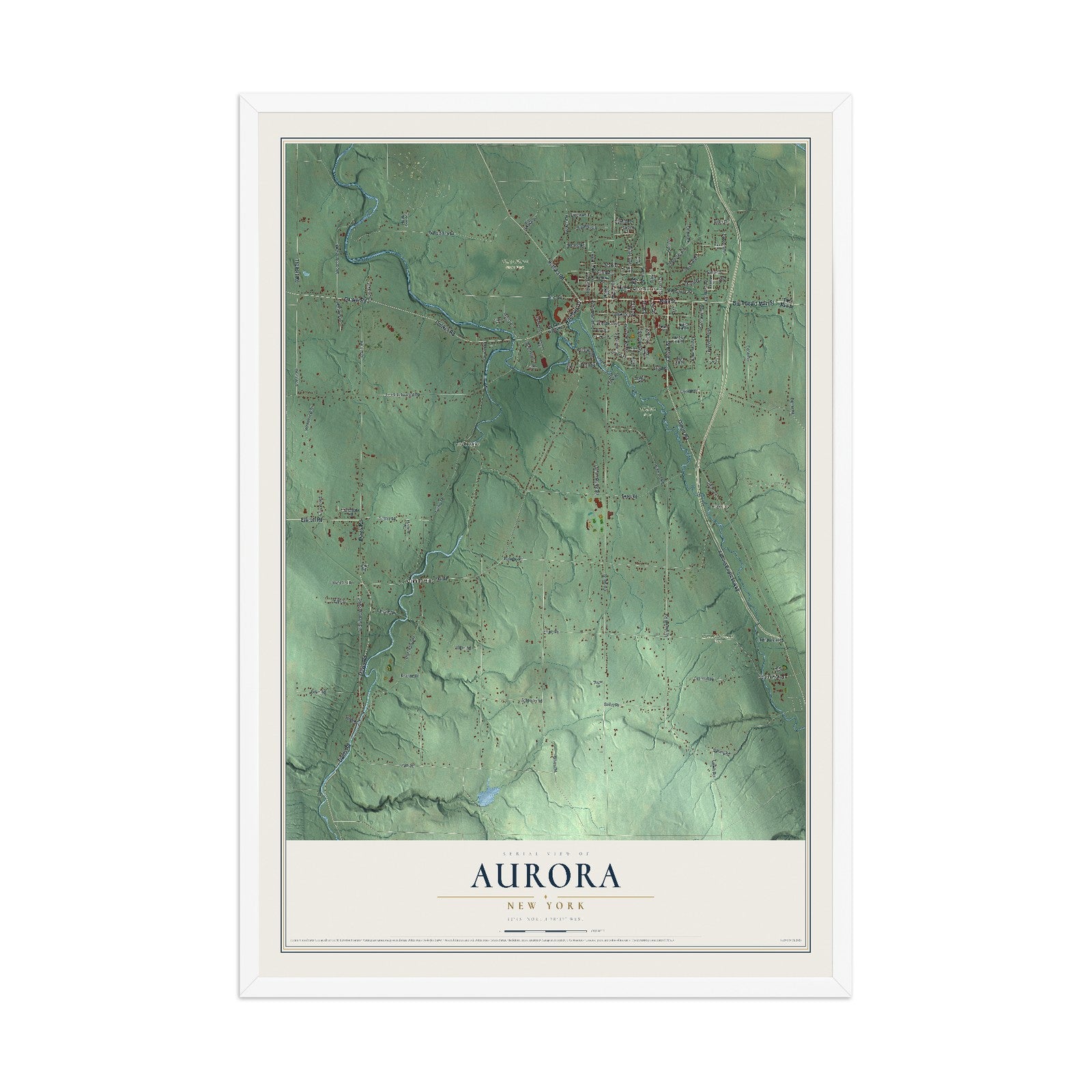 Aurora, New York map print, 12" x 18" W/ White Ayous Wood Frame mockup