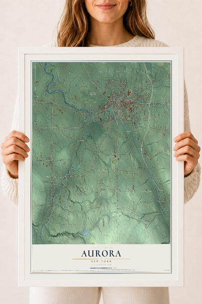Aurora, New York map print, 18" x 24" W/ White Ayous Wood Frame mockup