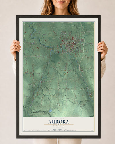 Aurora, New York map print, 24" x 36" W/ Black Ayous Wood Frame mockup
