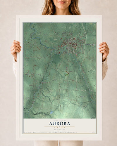 Aurora, New York map print, 24" x 36" W/ White Ayous Wood Frame mockup