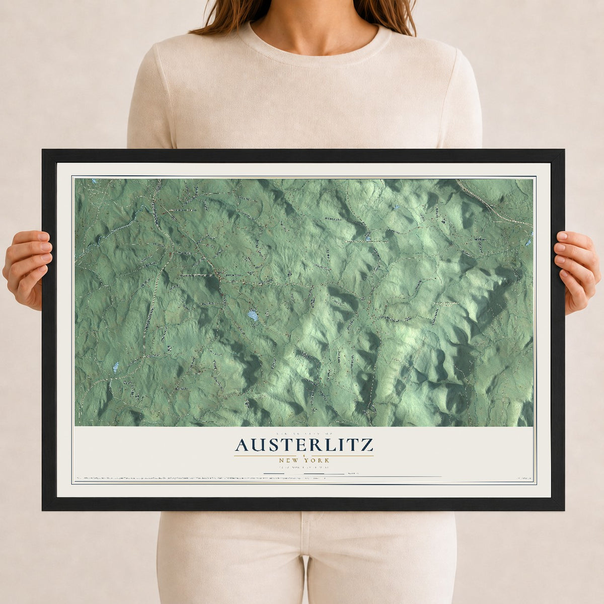Austerlitz, New York map print, 12" x 18" W/ Black Ayous Wood Frame mockup