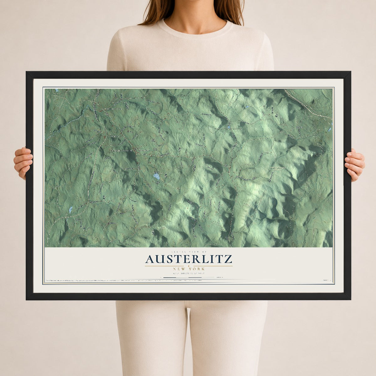 Austerlitz, New York map print, 24" x 36" W/ Black Ayous Wood Frame mockup