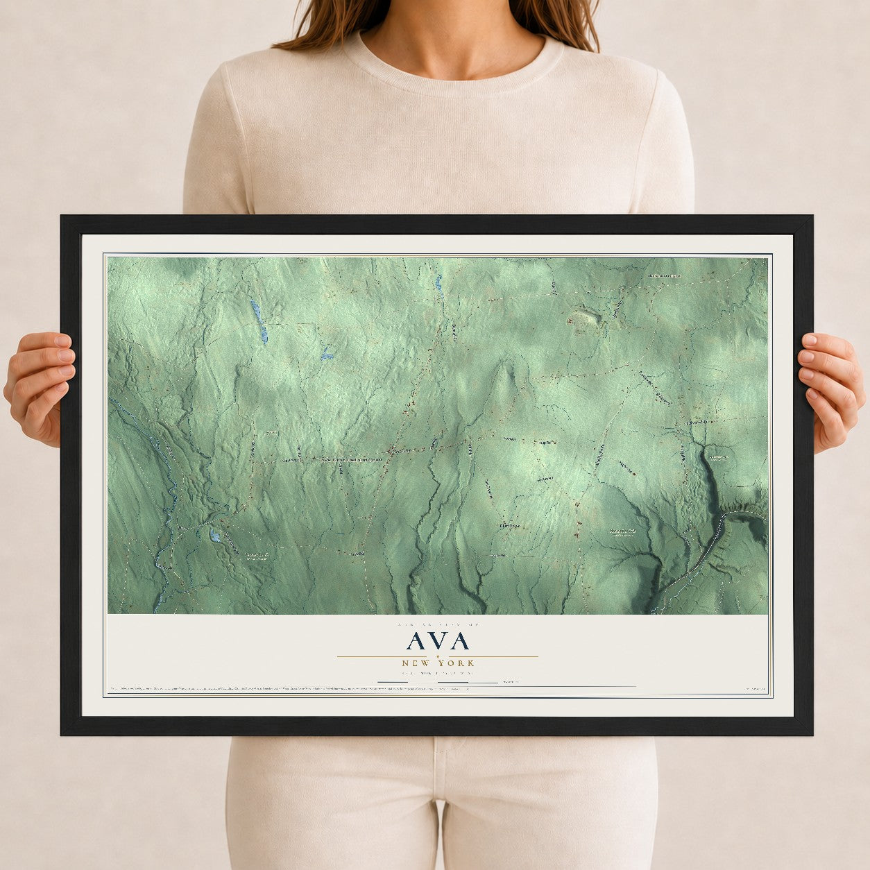 Ava, New York map print, 12" x 18" W/ Black Ayous Wood Frame mockup