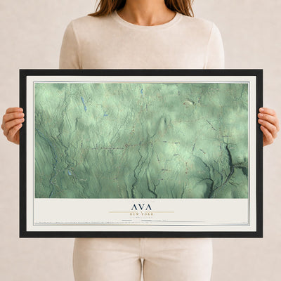 Ava, New York map print, 12" x 18" W/ Black Ayous Wood Frame mockup