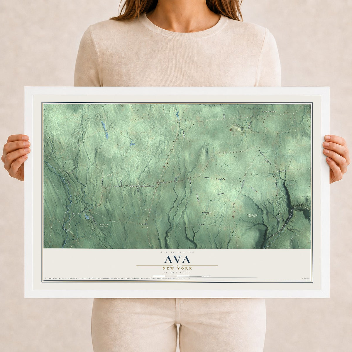Ava, New York map print, 12" x 18" W/ White Ayous Wood Frame mockup