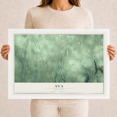Ava, New York map print, 12" x 18" W/ White Ayous Wood Frame mockup