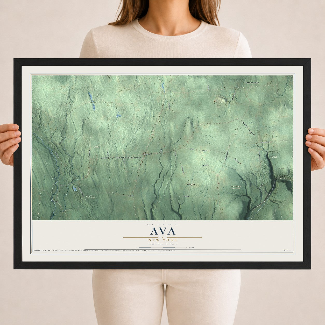 Ava, New York map print, 18" x 24" W/ Black Ayous Wood Frame mockup