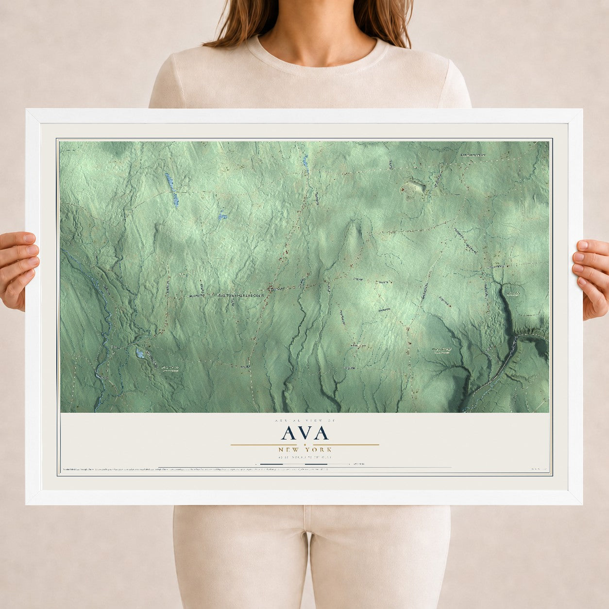 Ava, New York map print, 18" x 24" W/ White Ayous Wood Frame mockup