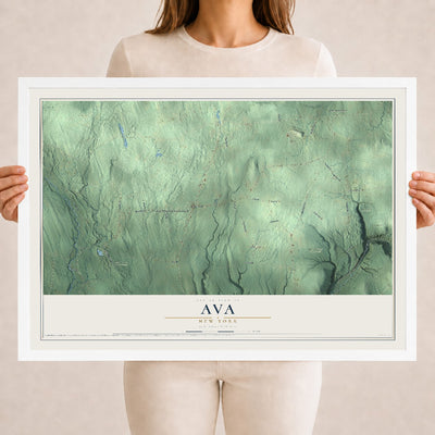 Ava, New York map print, 18" x 24" W/ White Ayous Wood Frame mockup