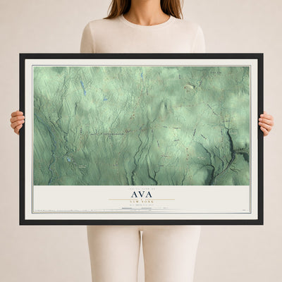 Ava, New York map print, 24" x 36" W/ Black Ayous Wood Frame mockup