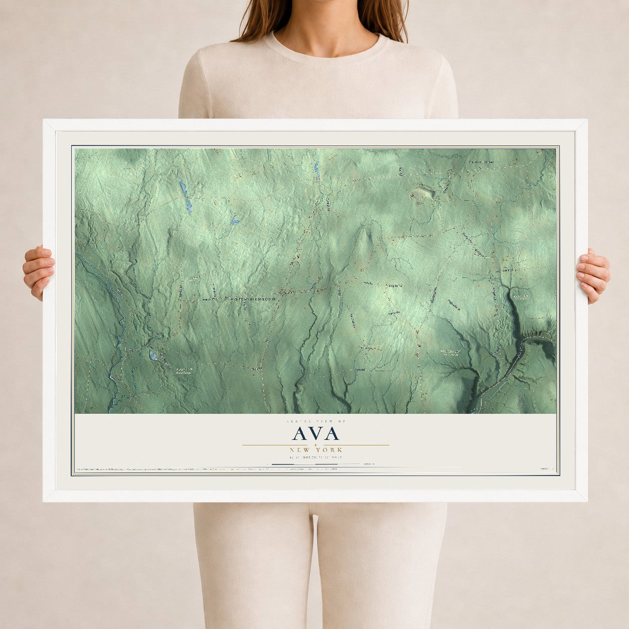 Ava, New York map print, 24" x 36" W/ White Ayous Wood Frame mockup
