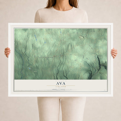 Ava, New York map print, 24" x 36" W/ White Ayous Wood Frame mockup