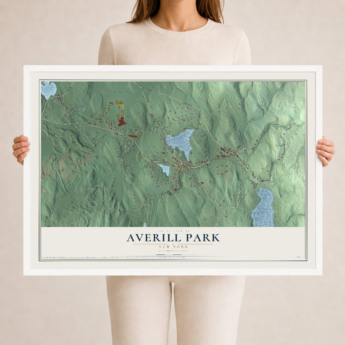 Averill Park, New York map print, 24" x 36" W/ White Ayous Wood Frame mockup