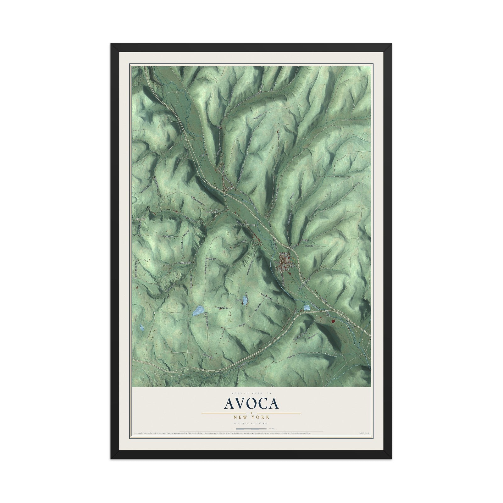 Avoca, New York map print, 12" x 18" W/ Black Ayous Wood Frame mockup