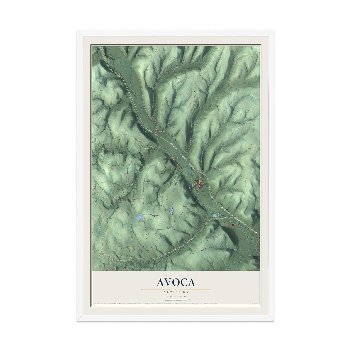 Avoca, New York map print, 12" x 18" W/ White Ayous Wood Frame mockup
