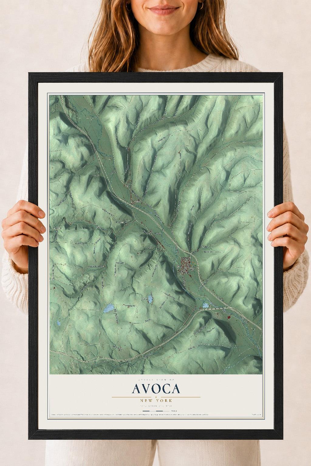 Avoca, New York map print, 18" x 24" W/ Black Ayous Wood Frame mockup