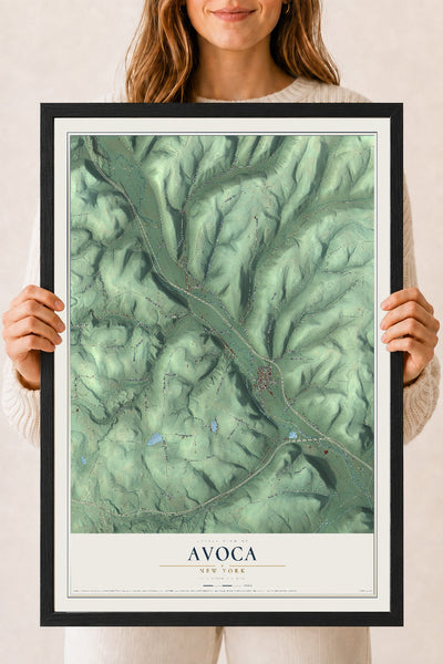 Avoca, New York map print, 18" x 24" W/ Black Ayous Wood Frame mockup