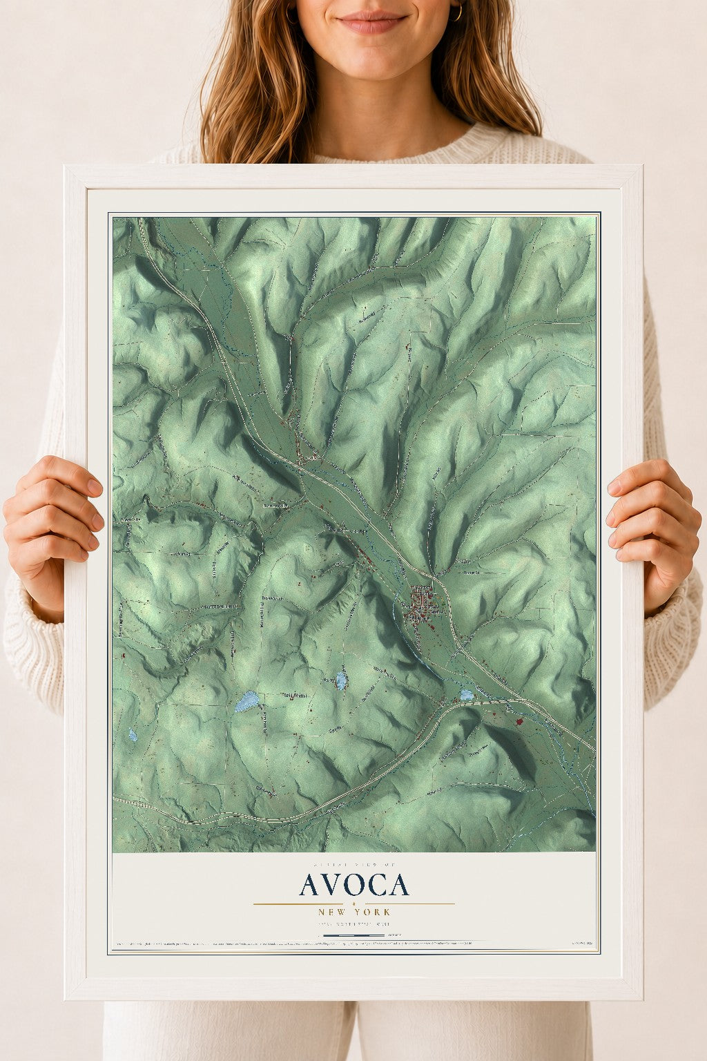 Avoca, New York map print, 18" x 24" W/ White Ayous Wood Frame mockup