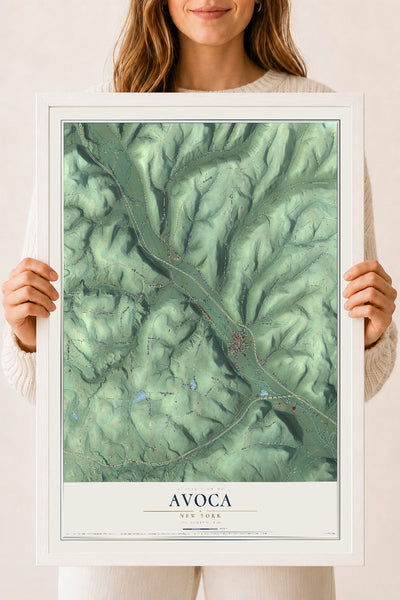 Avoca, New York map print, 18" x 24" W/ White Ayous Wood Frame mockup