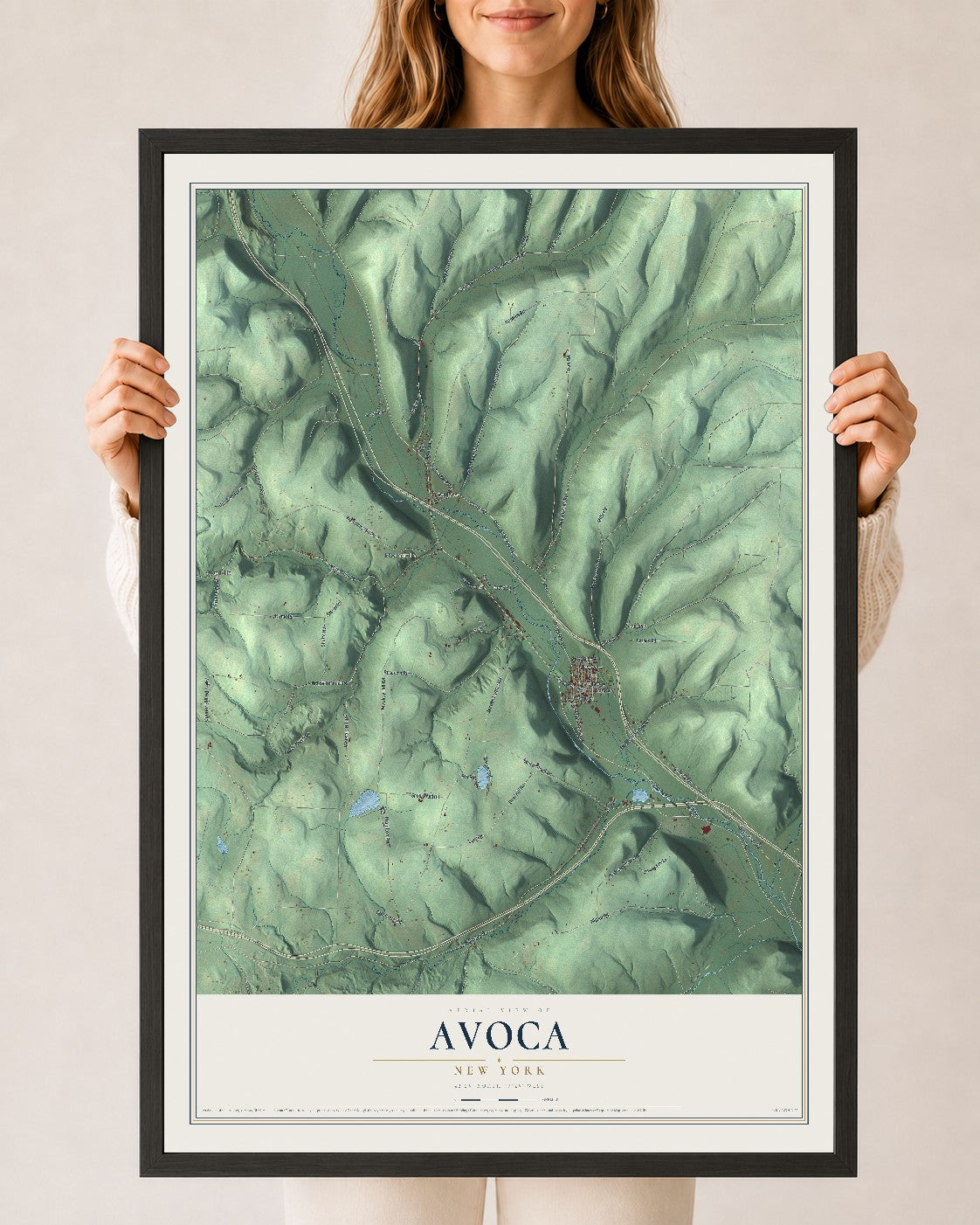Avoca, New York map print, 24" x 36" W/ Black Ayous Wood Frame mockup