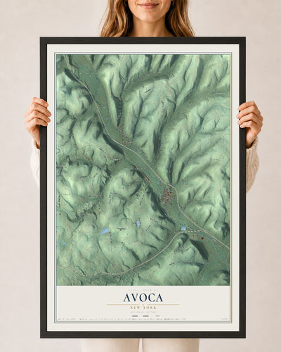 Avoca, New York map print, 24" x 36" W/ Black Ayous Wood Frame mockup