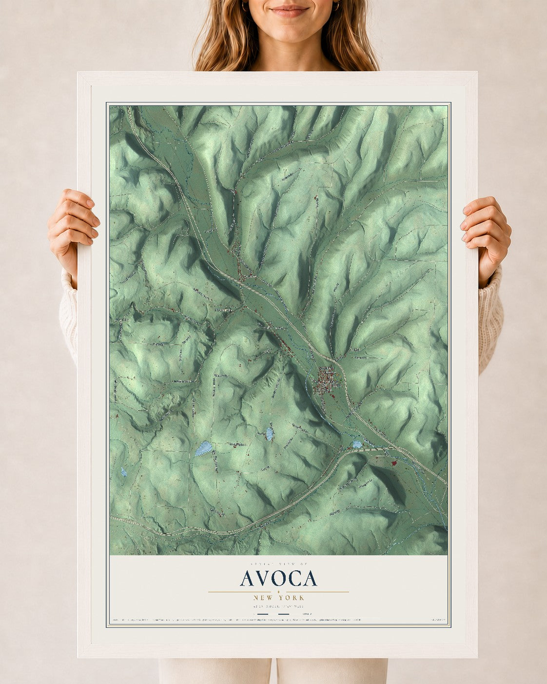 Avoca, New York map print, 24" x 36" W/ White Ayous Wood Frame mockup