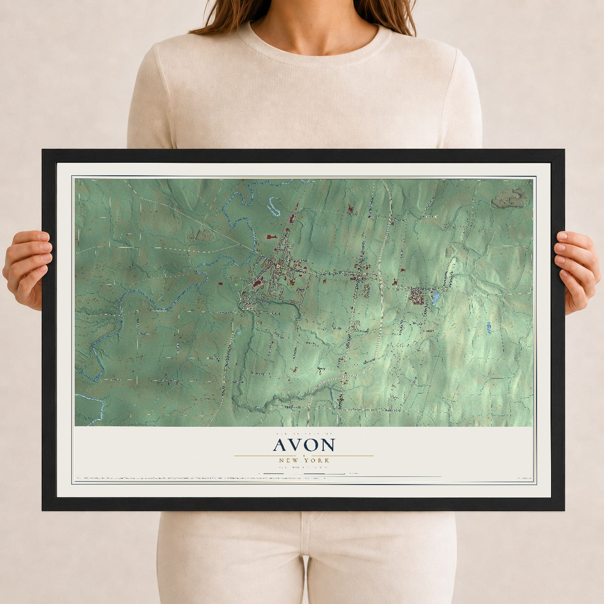 Avon, New York map print, 12" x 18" W/ Black Ayous Wood Frame mockup