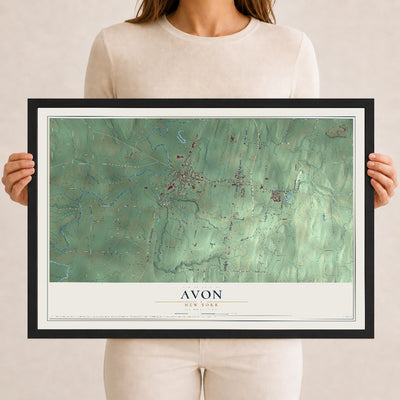 Avon, New York map print, 12" x 18" W/ Black Ayous Wood Frame mockup