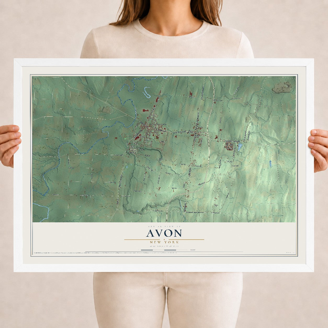 Avon, New York map print, 18" x 24" W/ White Ayous Wood Frame mockup
