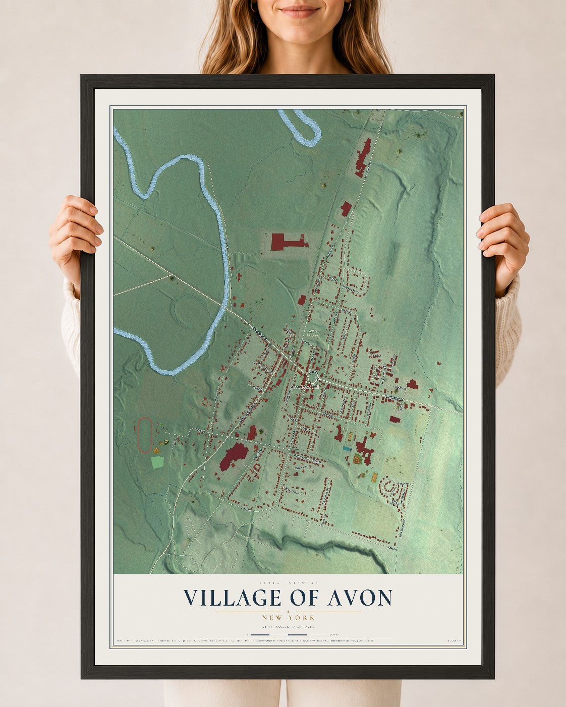 Avon, New York map print, 24" x 36" W/ Black Ayous Wood Frame mockup