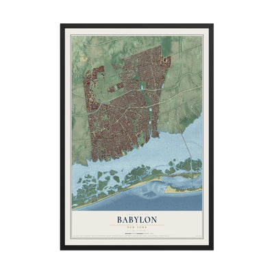 Babylon, New York map print, 12" x 18" W/ Black Ayous Wood Frame mockup